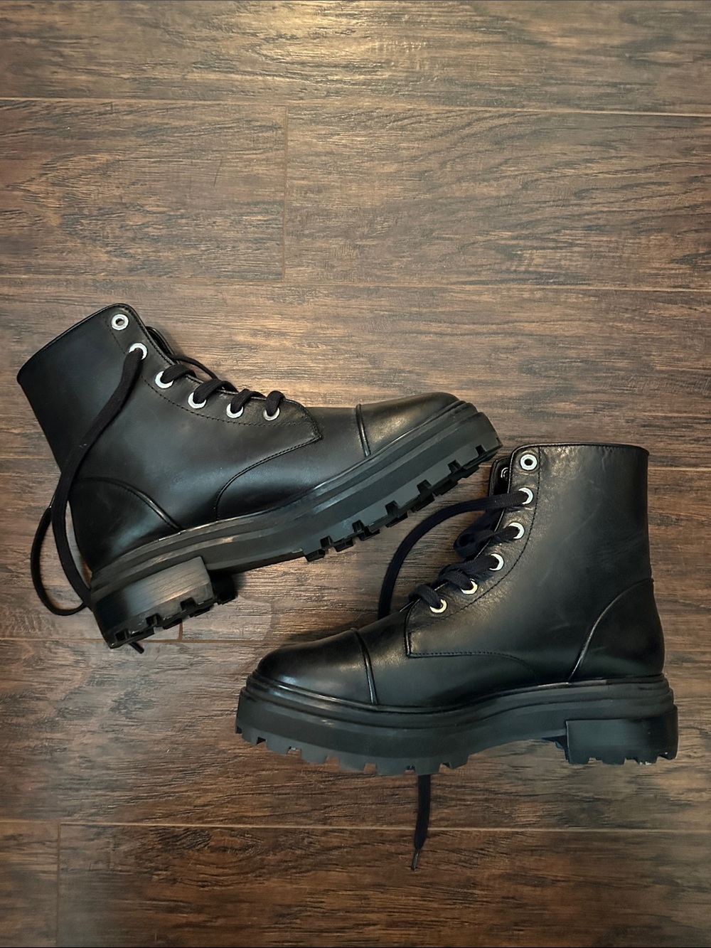 Schutz Black Leather Lace-Up Combat Boots New